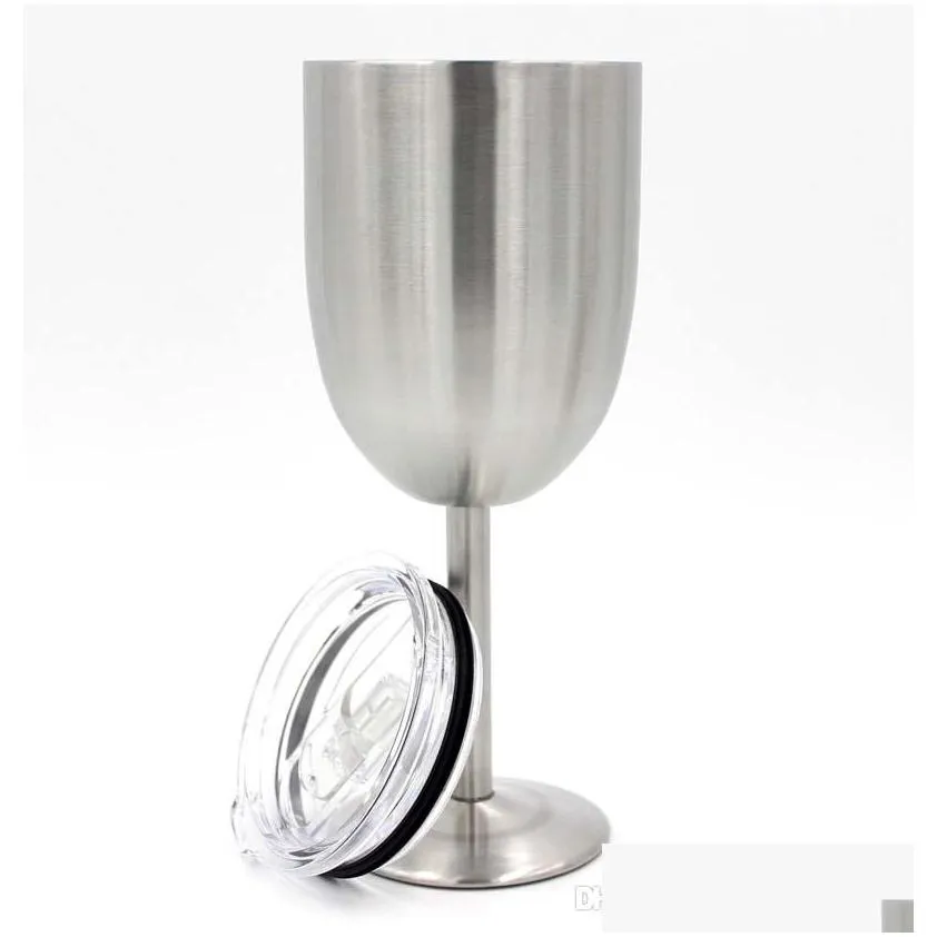 silver 10oz wine glasses goblets double layer stainless steel wine cup beer coffee wine glass with lid