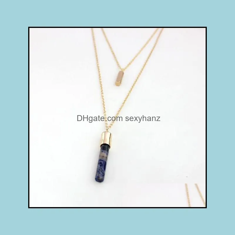 fashion pink cylinder gold color natural stone lapis lazuli bar statement necklace for women girl brand jewelry