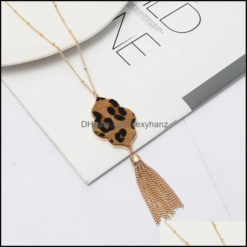 hexagon abalone shell leopard leather pendant necklace metal tassels long chain sweater necklace geometric jewelry