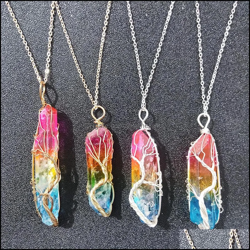 dyed color healing crystal stone pillar charms necklaces twine tree of life wire wrap pendant quartz wholesale jewelry gift