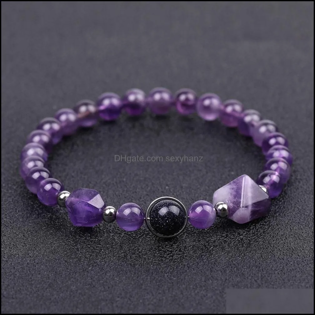 8mm natural stone beaded strand bracelet amethyst crystal pyramid charms chakra yoga jewelry for women men