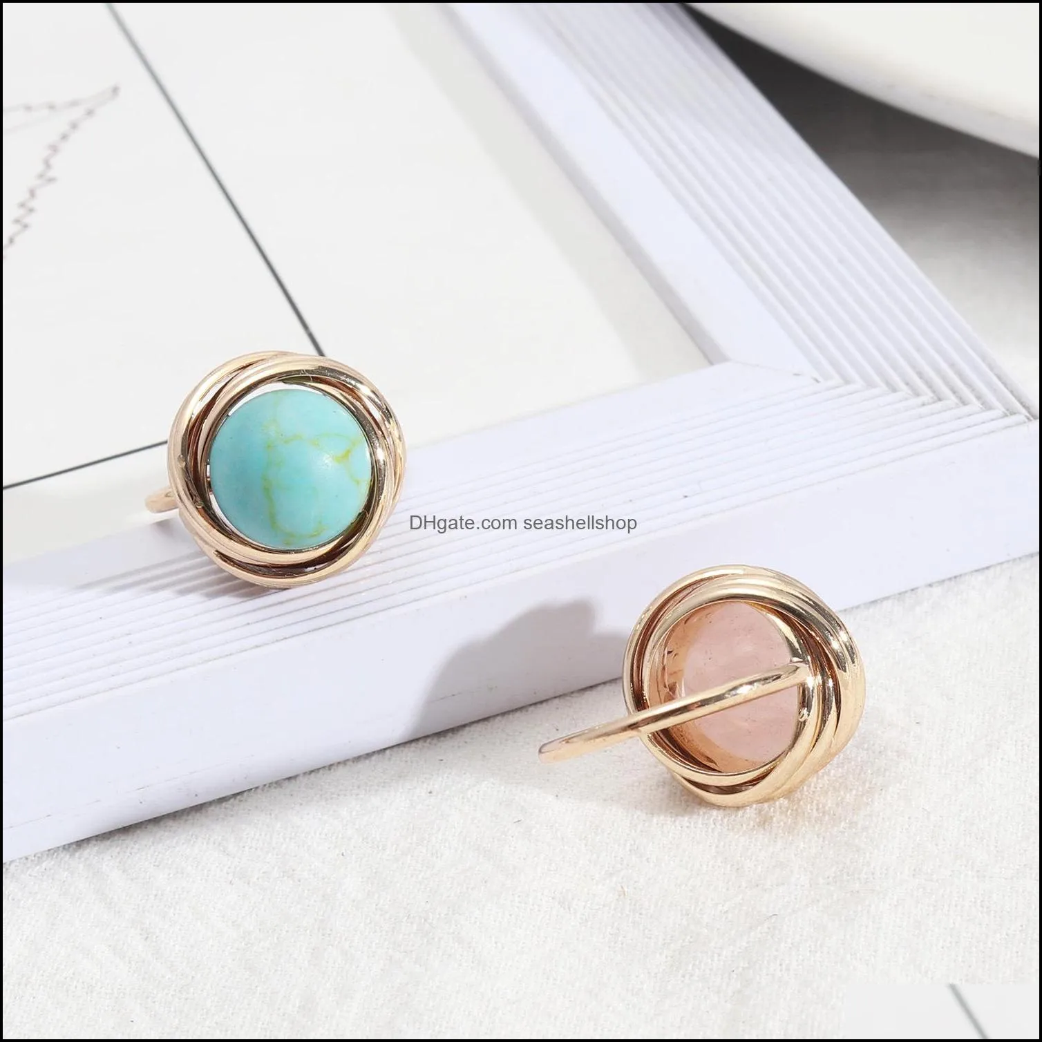 fashion round pink rose quartz healing crystal turquoise rings geometric gold plated white blue natural stone ring for women jewelry