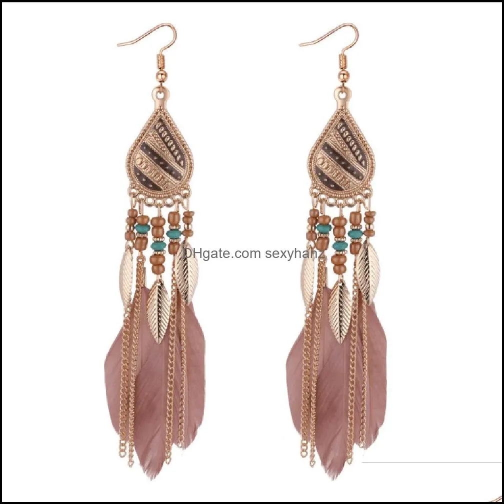 bohemia feather earring for women fashion jewelry beads tassel dangle long earrings dream catcher drop earrings