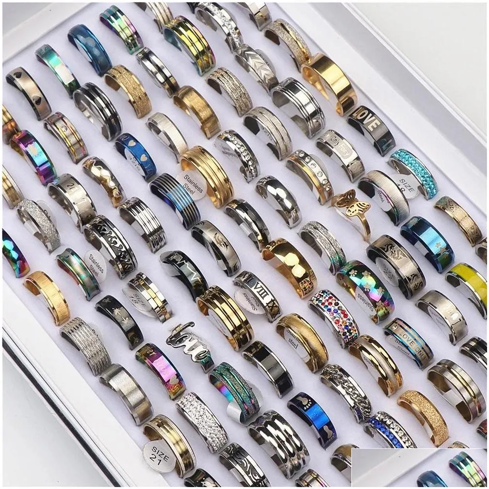 100pcs/lot fashion multicolor stainless steel love rings for women men different style party gifts jewelry wholesale