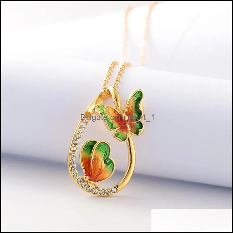 water drop painting necklace 2 butterfly long chain necklaces fashion novel jewelry zircon butterfly necklace