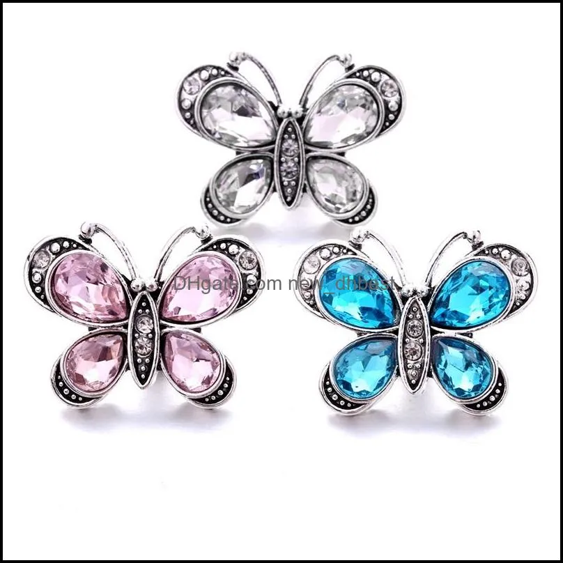 wholesale mix rhinestone snap buttons butterfly clasp 18mm metal decorative button charms for diy snaps jewelry findings factory