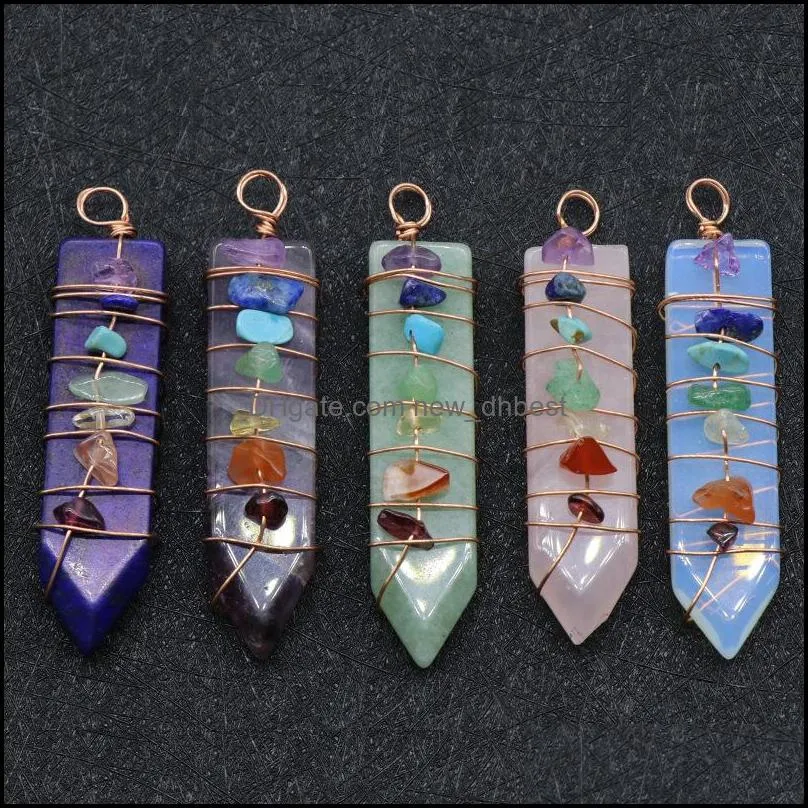 healing natural stone pendulum charms wire wrap 7 chakra pendant reiki amethysts lapis point sword shape pink crystal pendants women