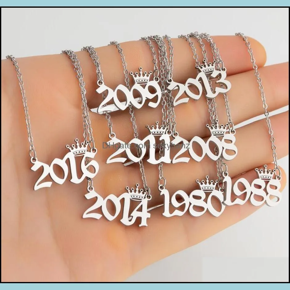 stainless steel personalized birth year number necklaces custom crown initial necklace pendants for women girls birthday jewelry special years