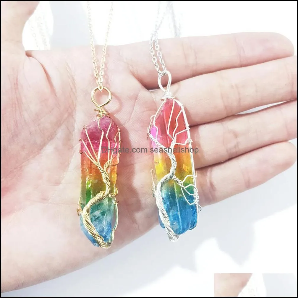 dyed color healing crystal stone pillar charms necklaces twine tree of life wire wrap pendant quartz wholesale jewelry gift