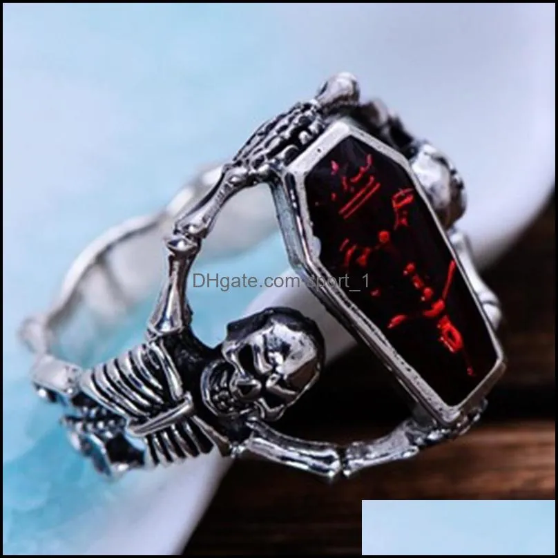 vintage punk skull ring men hip hop engagement ring male fashion red zircon rings for women jewelry silvery rings