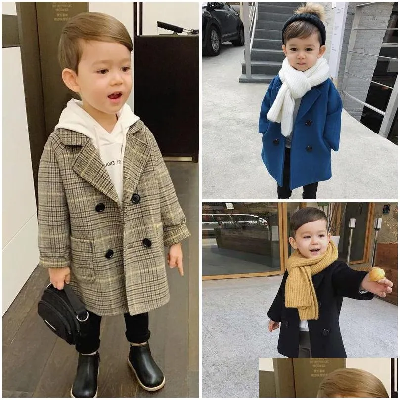 baby boy girls woolen jacket long double breasted warm infant toddle lapel tweed coat spring autumn winter baby outwear clothes 819 v2