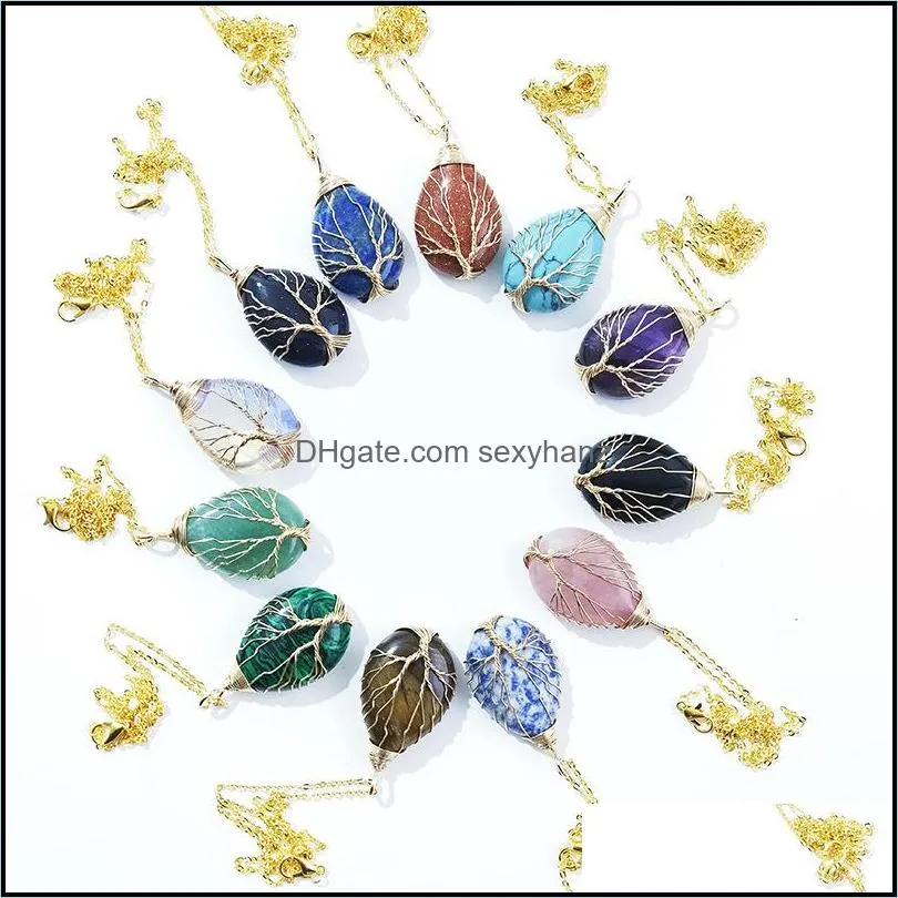 stone crystal waterdrop charms necklaces copper twine tree of life wire wrap pendant amethyst tiger eye rose quartz wholesale jewelry for
