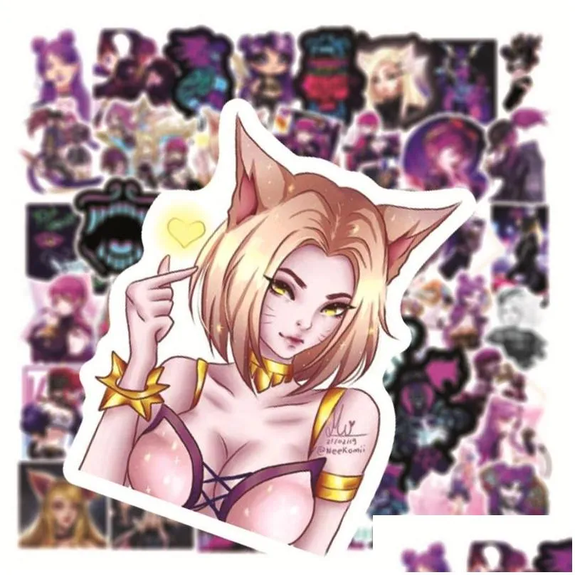 50pcs/lot league of legends game womens team kda stickers akali ahr evelynn kaisa cartoon stickers for guitar skateboard surfboard