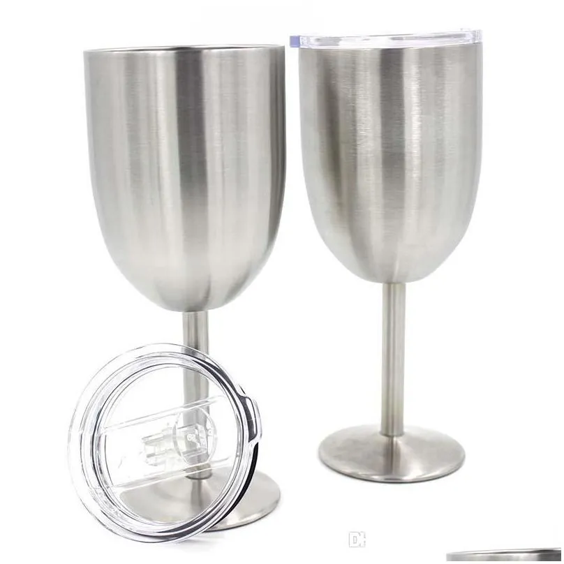 silver 10oz wine glasses goblets double layer stainless steel wine cup beer coffee wine glass with lid