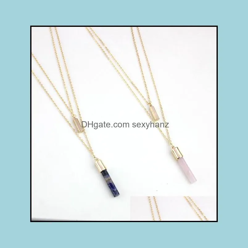 fashion pink cylinder gold color natural stone lapis lazuli bar statement necklace for women girl brand jewelry