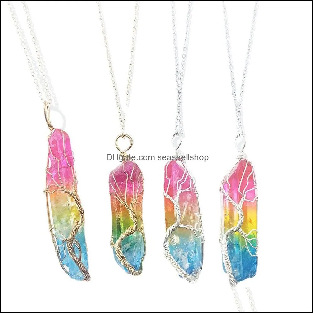 dyed color healing crystal stone pillar charms necklaces twine tree of life wire wrap pendant quartz wholesale jewelry gift