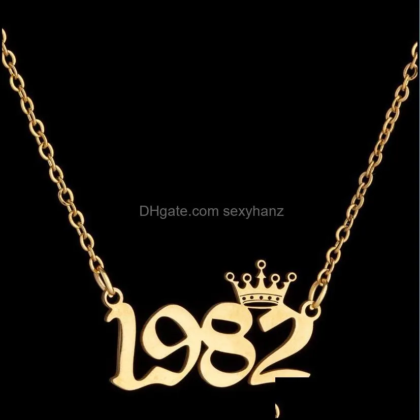 stainless steel personalized birth year number necklaces custom crown initial necklace pendants for women girls birthday jewelry special years