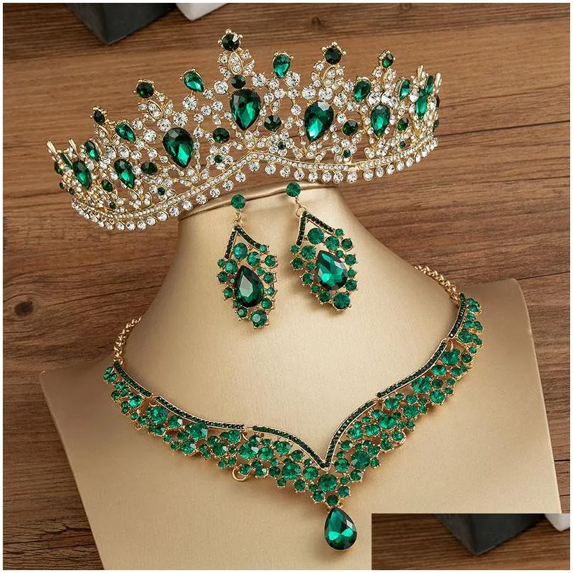 gorgeous crystal ab bridal jewelry sets fashion headpieces earrings necklaces set for women wedding dress crown tiara