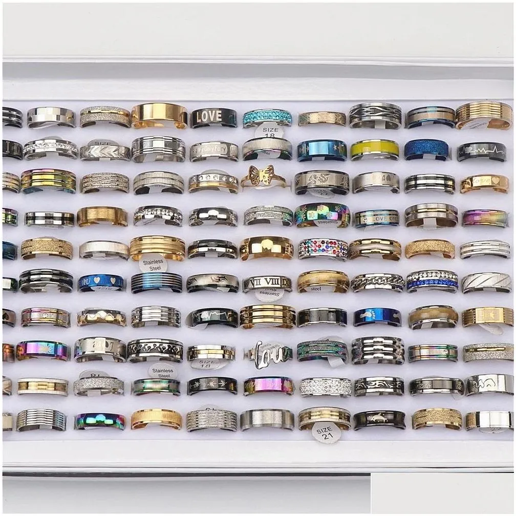 100pcs/lot fashion multicolor stainless steel love rings for women men different style party gifts jewelry wholesale