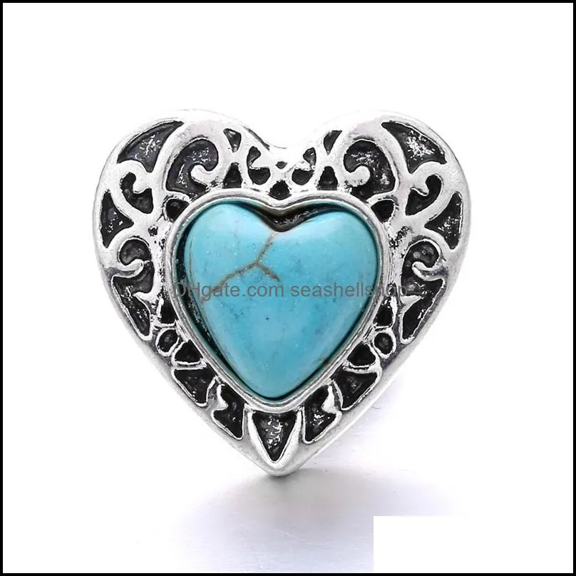 retro silver color snap button turquoise heart charms women jewelry findings 18mm metal snaps buttons diy bracelet jewellery wholesale