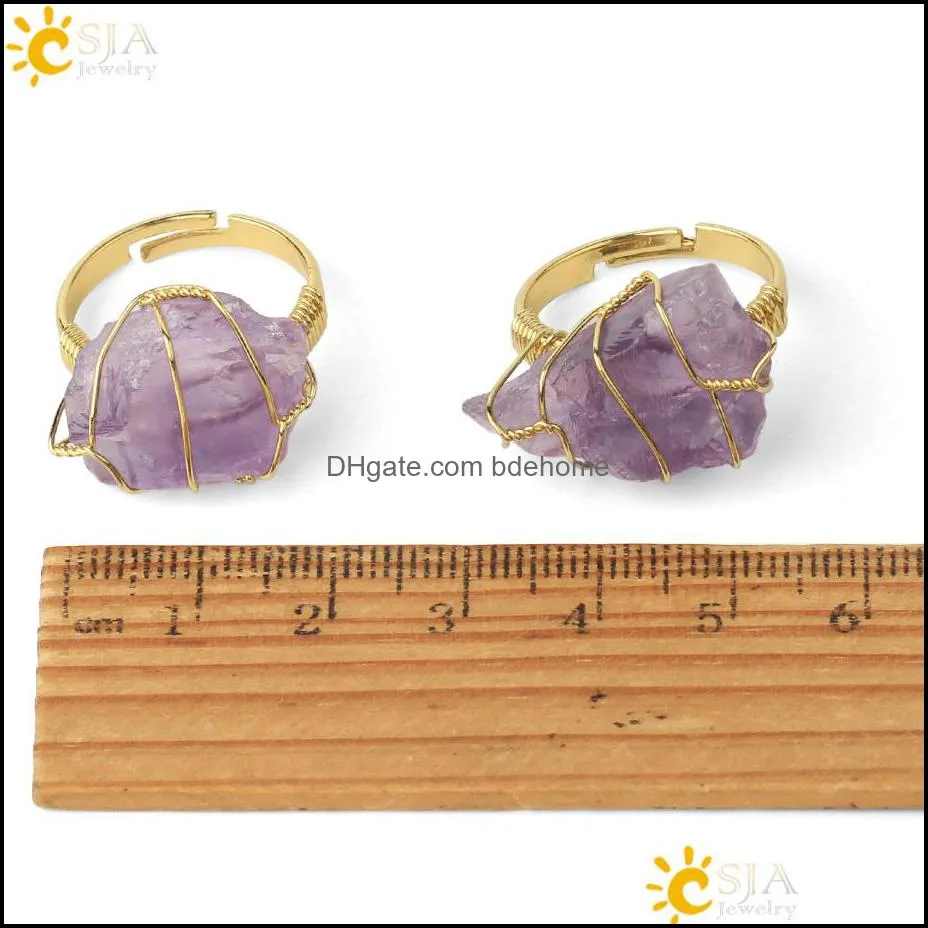 natural crystal stone rings irregular wire wrap women men healing amethysts fluorite pink quartz goldcolor resizable quartz ring