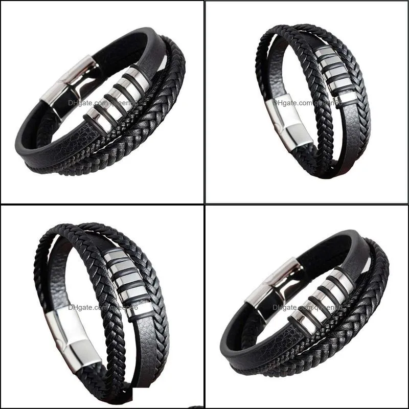 stainless steel charm magnetic black men bracelet leather genuine braided punk rock bangles jewelry