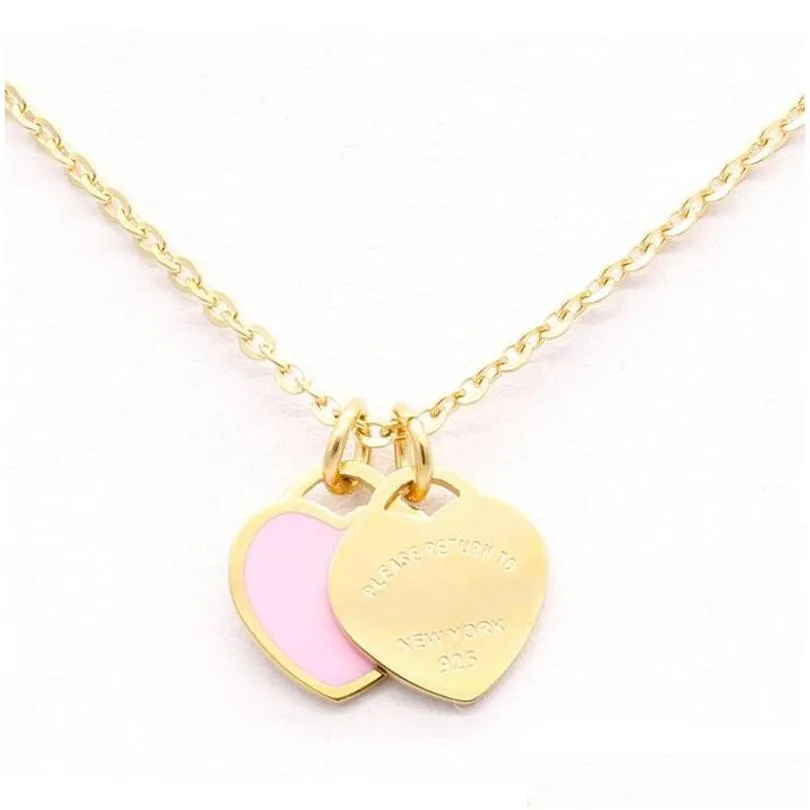 design brand heart love necklace for women stainless steel accessories zircon green pink women jewelry gift