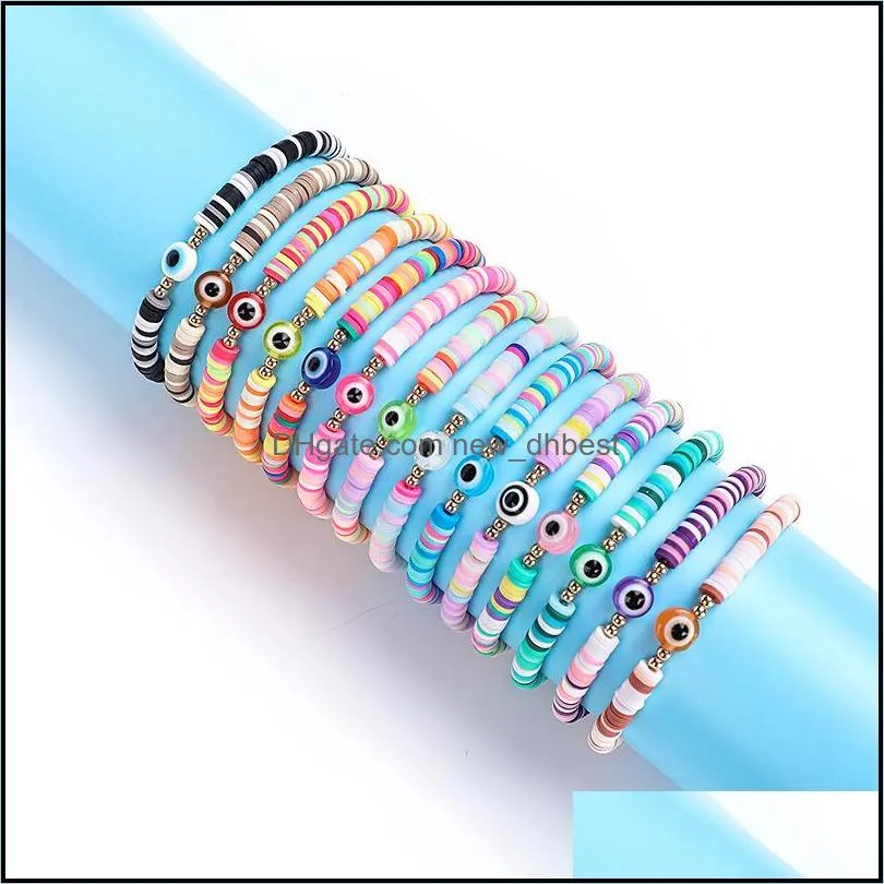 multicolor evil eye bracelet set summer beach jewelry soft polymer clay disc elastic bracelets for women