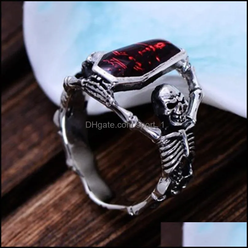 vintage punk skull ring men hip hop engagement ring male fashion red zircon rings for women jewelry silvery rings