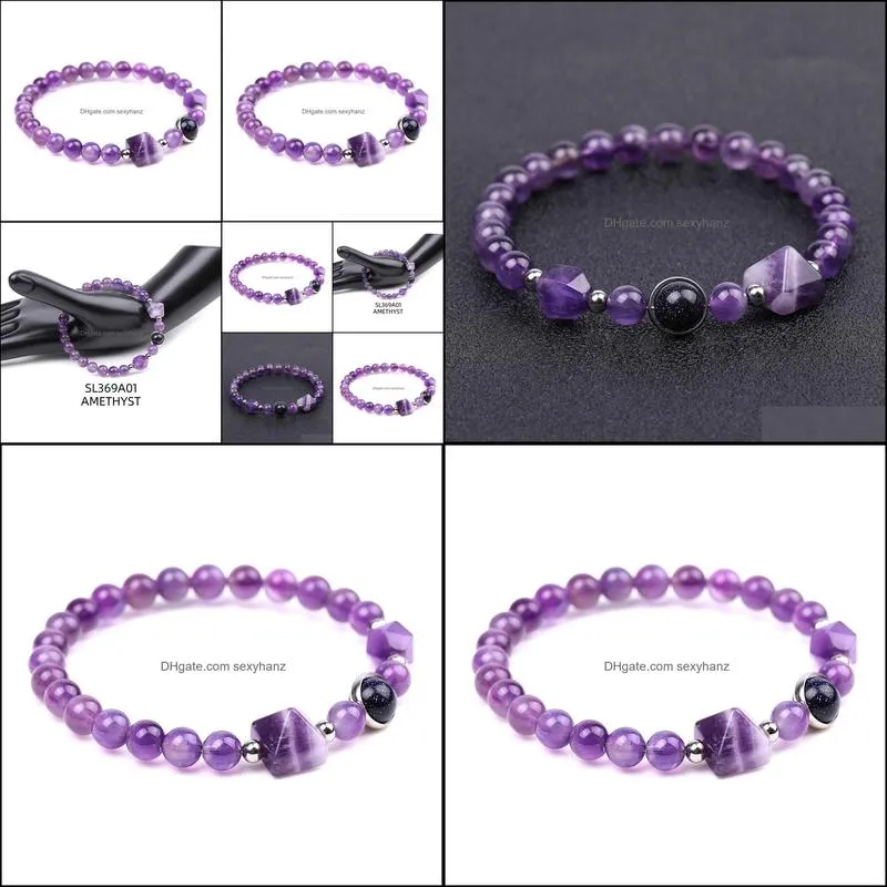 8mm natural stone beaded strand bracelet amethyst crystal pyramid charms chakra yoga jewelry for women men