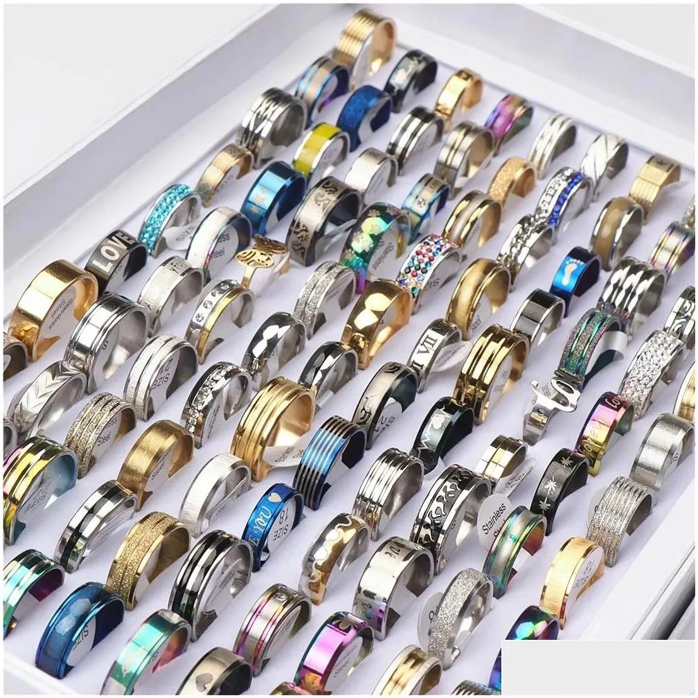 100pcs/lot fashion multicolor stainless steel love rings for women men different style party gifts jewelry wholesale