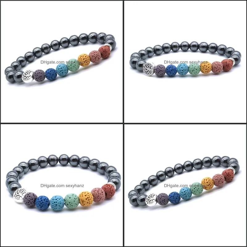 tree of life 8mm seven chakras bracelet lava stone hematite ball beaded bracelets  oil diffuser yoga men women jewelry