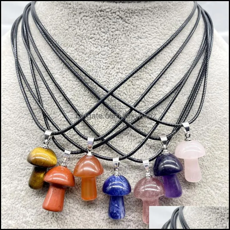 mini mushroom natural stone carving pendant reiki healing crystals rose quartz rope chain necklace for women jewelry wholesale