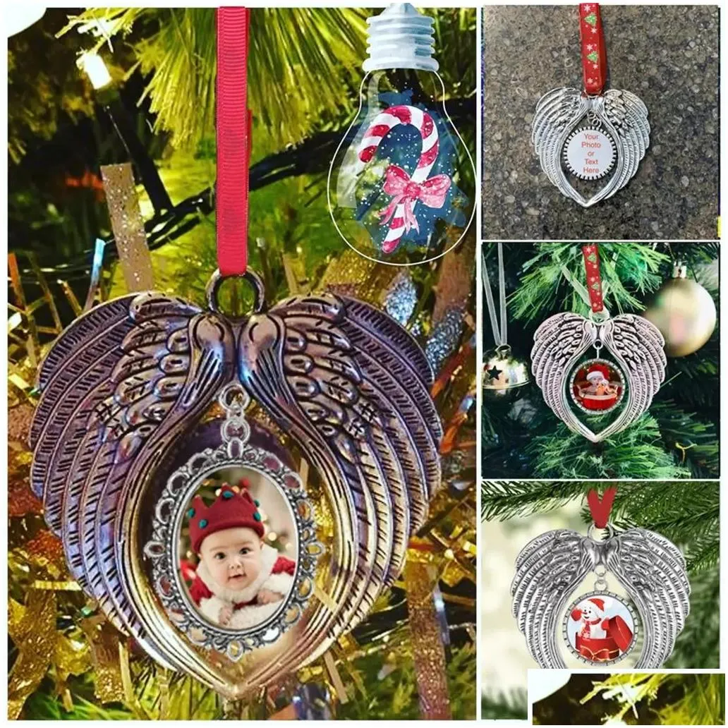 sublimation angel wing christmas ornament hanging heart commemorative empty heartshaped pendant home christmas tree wall decorations