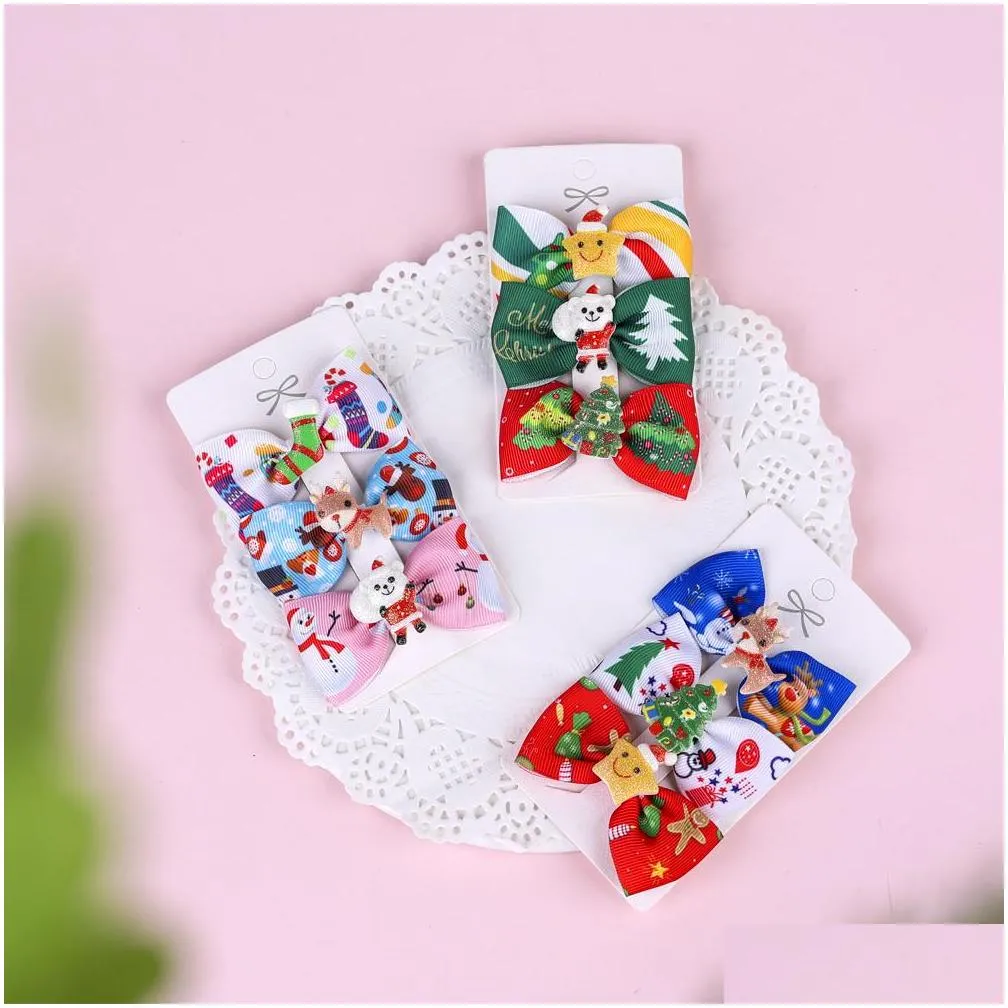 baby girls christmas barrettes kids bowknot hairpins with clipper children xmas elk hair accessories 3pcs set kfj284