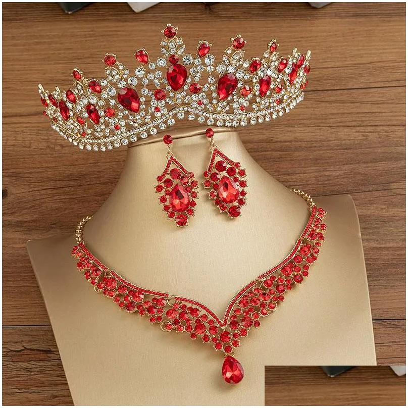 gorgeous crystal ab bridal jewelry sets fashion headpieces earrings necklaces set for women wedding dress crown tiara