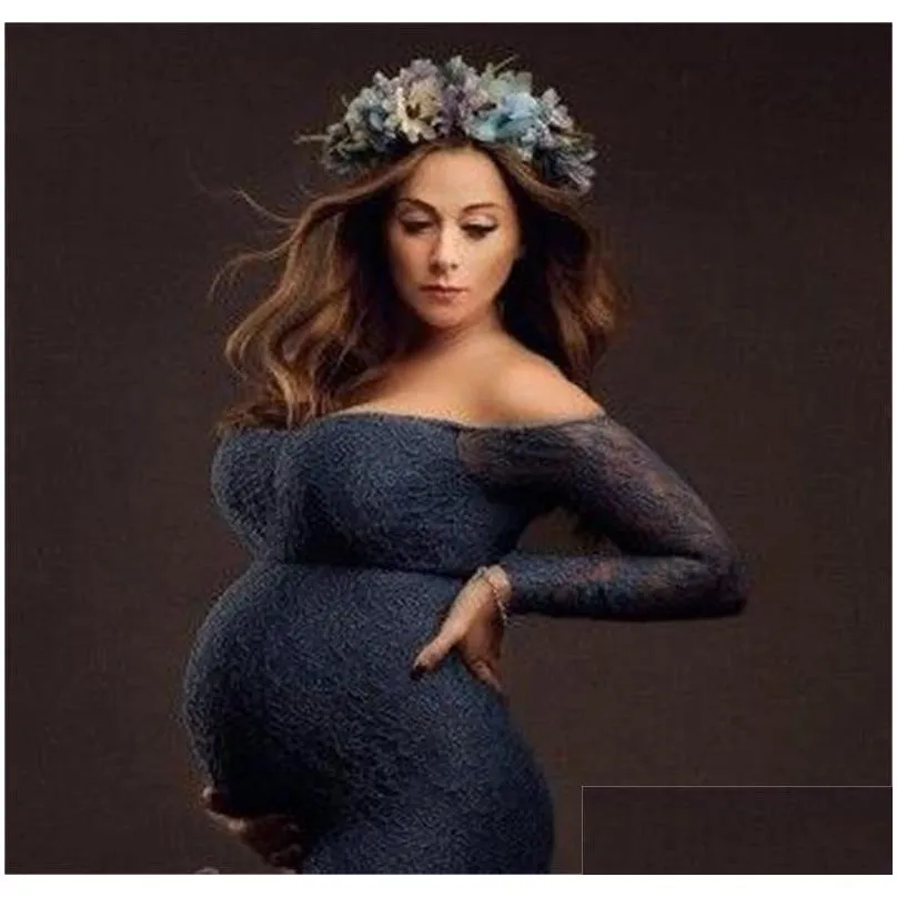 lace shoulderless pregnancy dress photography long sleeve mesh maternity maxi gowns for photo shoot pregnant women dress 787 s2