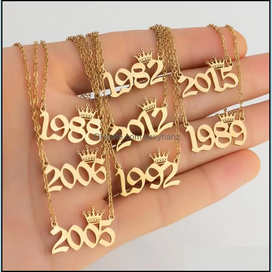 stainless steel personalized birth year number necklaces custom crown initial necklace pendants for women girls birthday jewelry special years