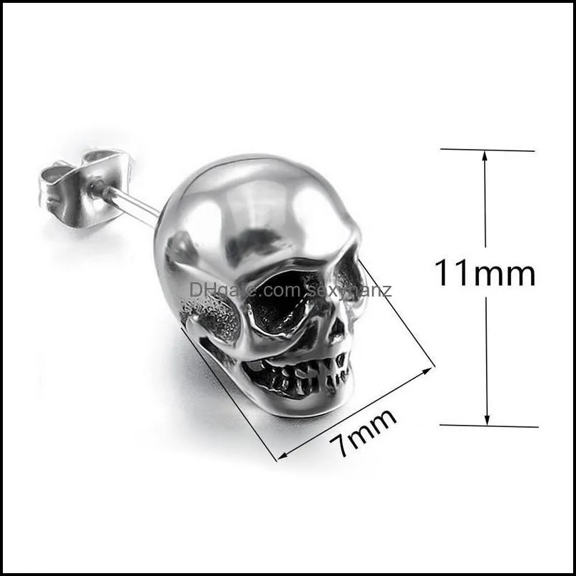 11x7mm stud earrings for women men jewelry halloween piercin ear post antique silver color black skull stud earring