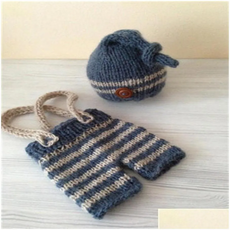 baby photo costume clothes newborn girls boys photography prop crochet knit overall bib pants add hat 2pcs sets striped outfits 1179 y2