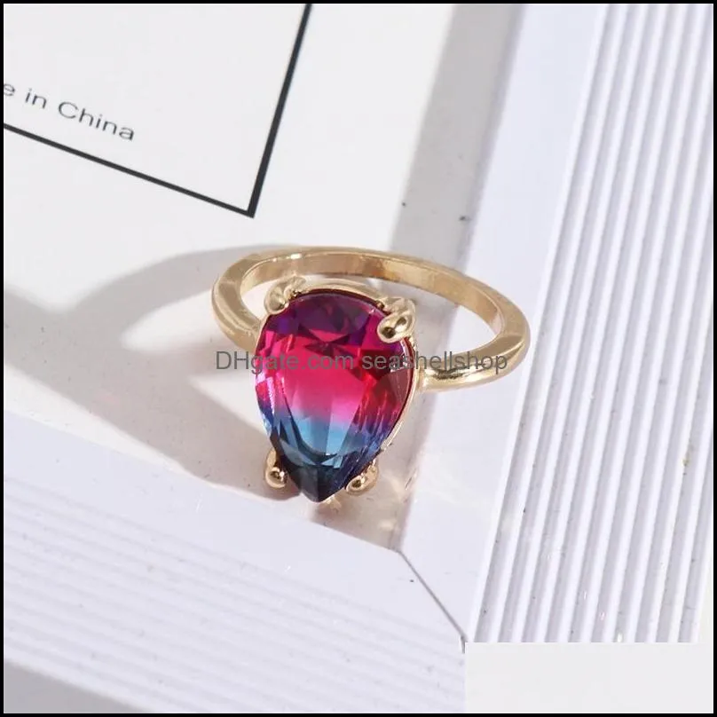 fashion gold plated teardrop gradient pink blue glass crystal rings chromatic geometric ring for women jewelry gift