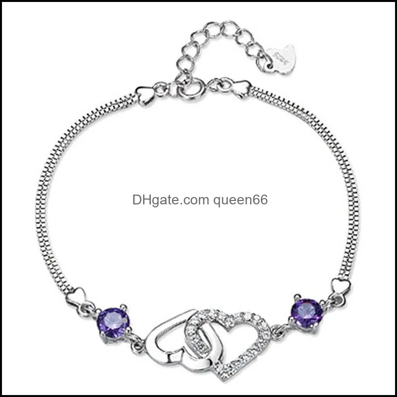 silver heart to heart link chain bracelet fashion female models cute vintage wild super flash jewelry purple crystals bracelets