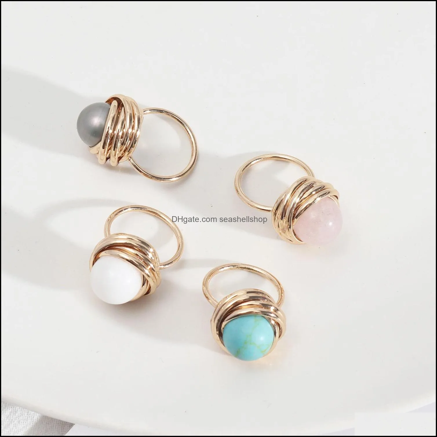 fashion round pink rose quartz healing crystal turquoise rings geometric gold plated white blue natural stone ring for women jewelry