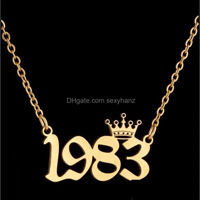 stainless steel personalized birth year number necklaces custom crown initial necklace pendants for women girls birthday jewelry special years