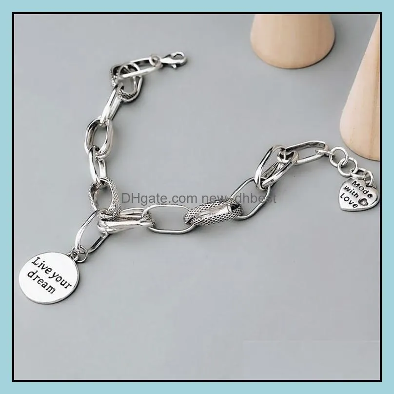 925 sterling silver love heart bracelet retro thai silver thick chain round live your dream letter bracelet