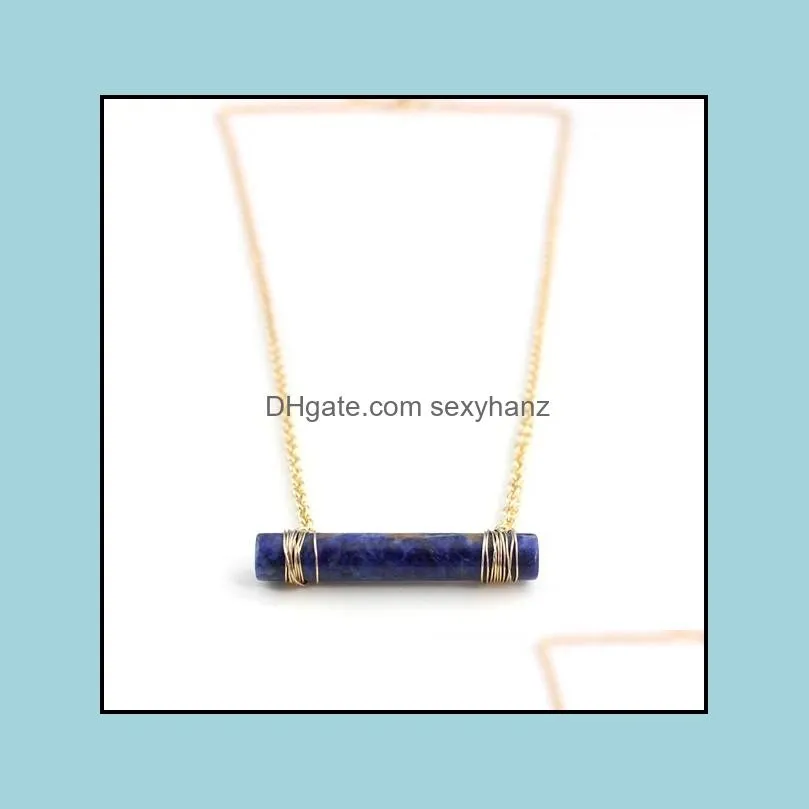 fashion pink cylinder gold color natural stone bar statement necklace for women girl brand jewelry