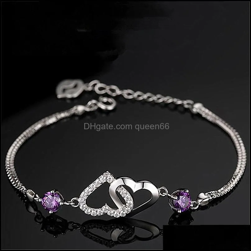 silver heart to heart link chain bracelet fashion female models cute vintage wild super flash jewelry purple crystals bracelets