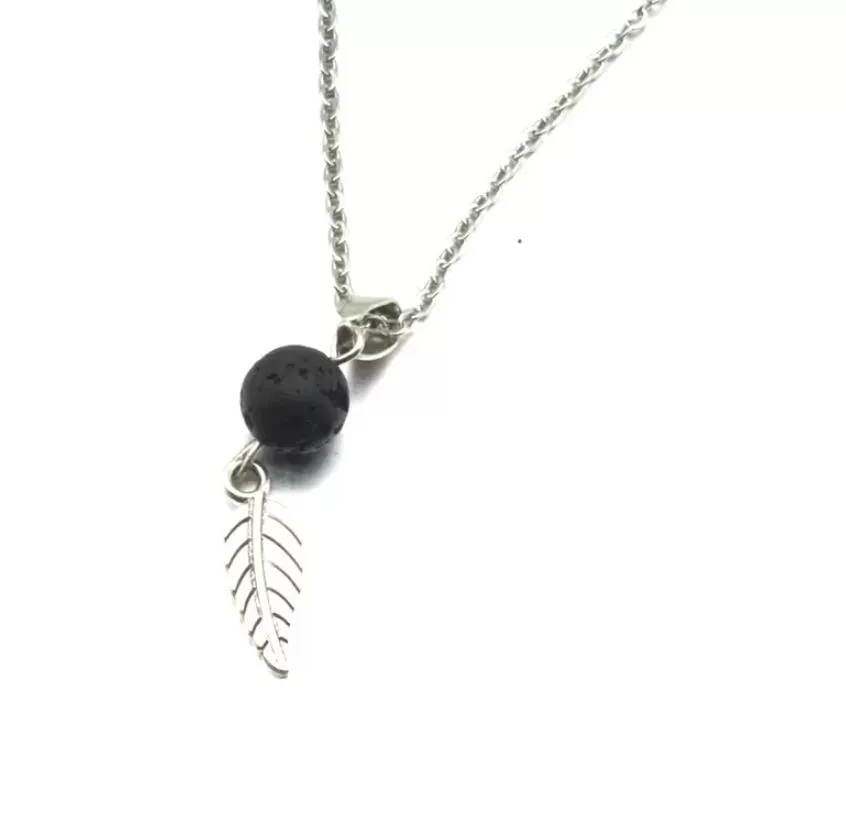 aromatherapy  oil diffuser necklace black lava rock stone bead volcano necklace leaf charms stainless steel chain jewelry