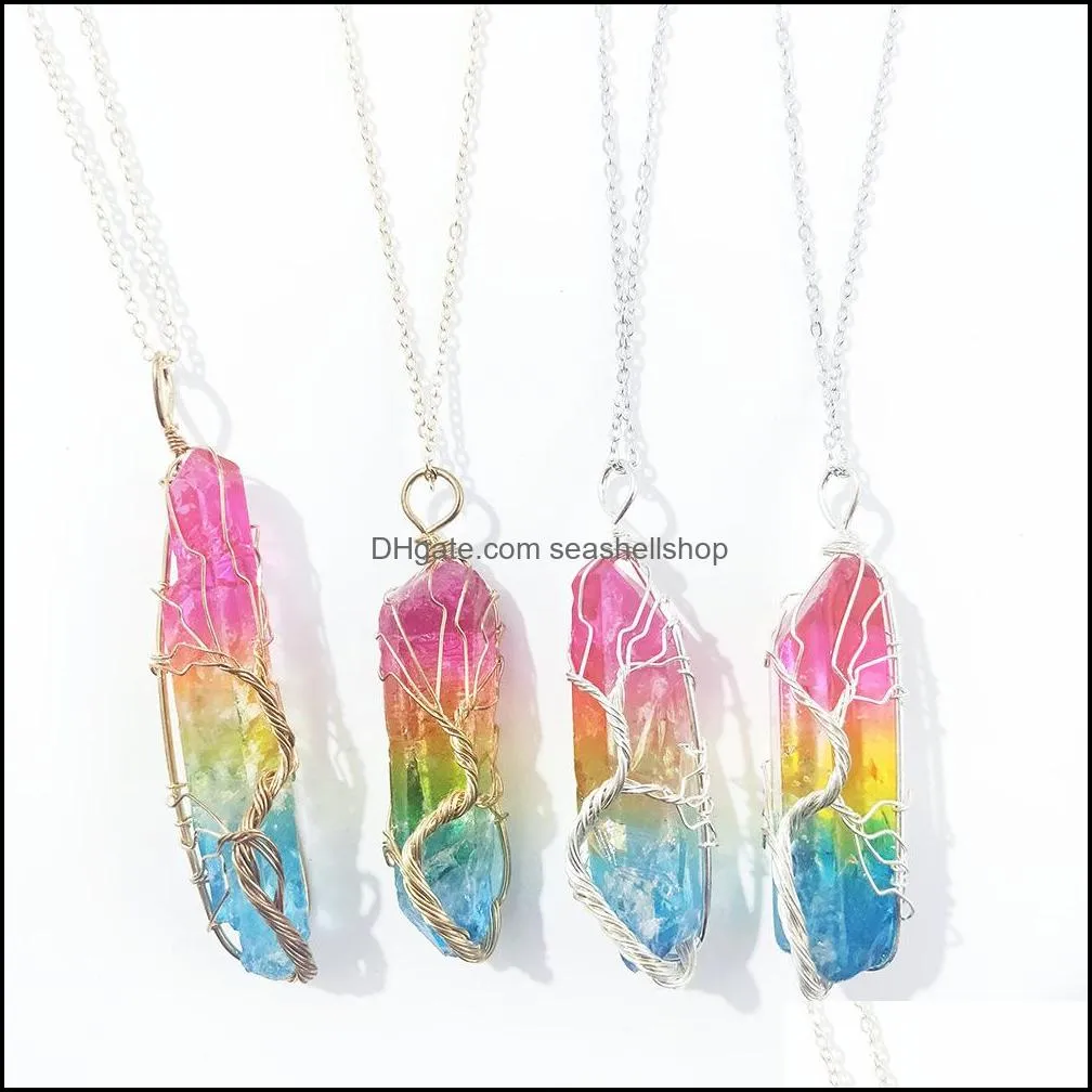 dyed color healing crystal stone pillar charms necklaces twine tree of life wire wrap pendant quartz wholesale jewelry gift