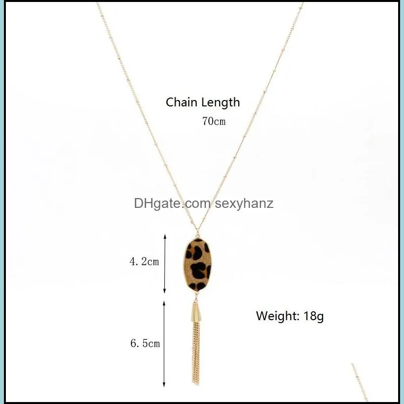 designer oval hexagon pendant tassel necklaces straw leopard print braided sweater long chian necklace  jewelry